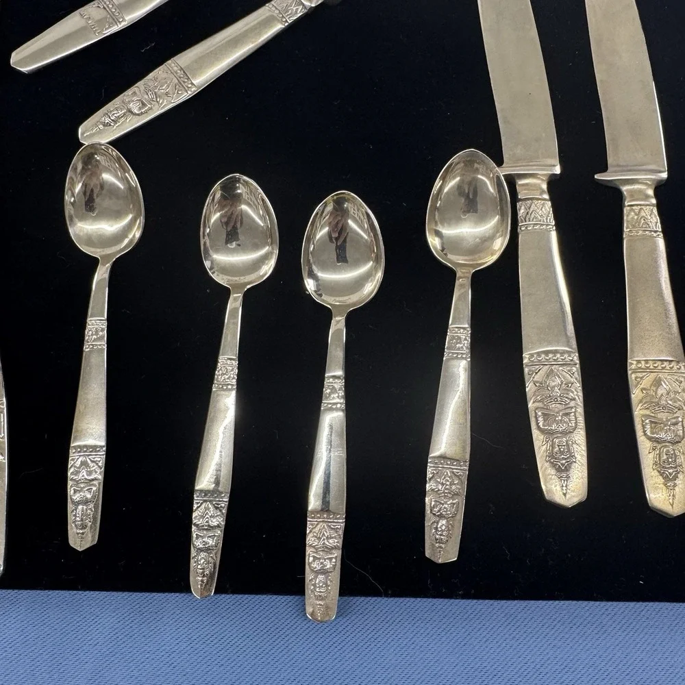 K Thailand Buddha 14 PC Flatware Set Brass  Knives And Tiny Spoons Vintage